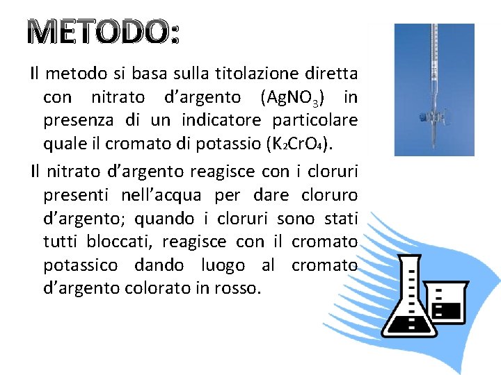 METODO: Il metodo si basa sulla titolazione diretta con nitrato d’argento (Ag. NO 3)