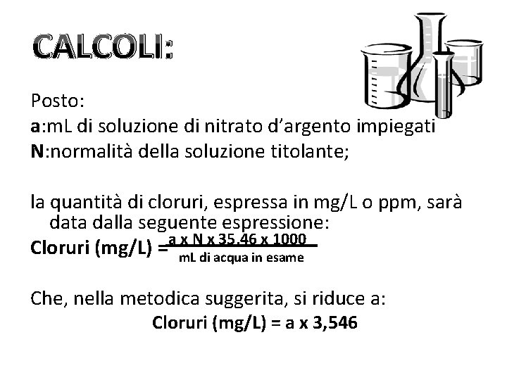CALCOLI: Posto: a: m. L di soluzione di nitrato d’argento impiegati N: normalità della