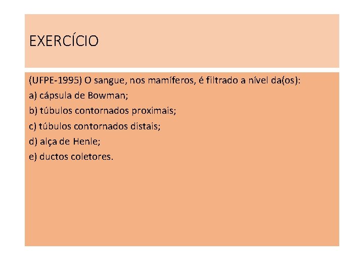EXERCÍCIO (UFPE-1995) O sangue, nos mamíferos, é filtrado a nível da(os): a) cápsula de EXERCÍCIO (UFPE-1995) O sangue, nos mamíferos, é filtrado a nível da(os): a) cápsula de