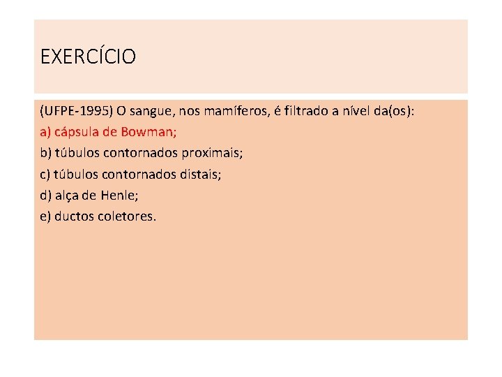 EXERCÍCIO (UFPE-1995) O sangue, nos mamíferos, é filtrado a nível da(os): a) cápsula de EXERCÍCIO (UFPE-1995) O sangue, nos mamíferos, é filtrado a nível da(os): a) cápsula de