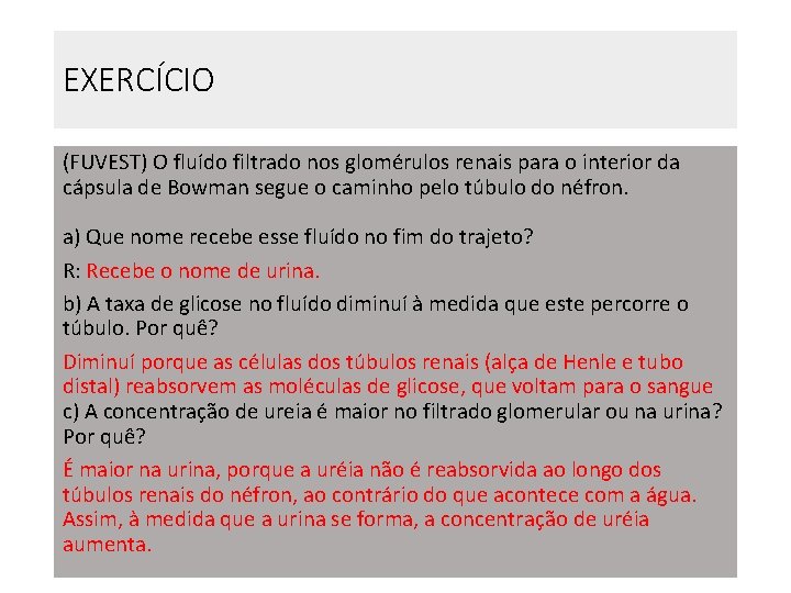EXERCÍCIO (FUVEST) O fluído filtrado nos glomérulos renais para o interior da cápsula de EXERCÍCIO (FUVEST) O fluído filtrado nos glomérulos renais para o interior da cápsula de