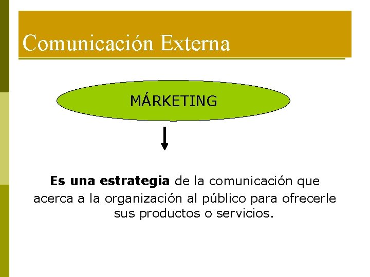 Comunicación Externa MÁRKETING Es una estrategia de la comunicación que acerca a la organización