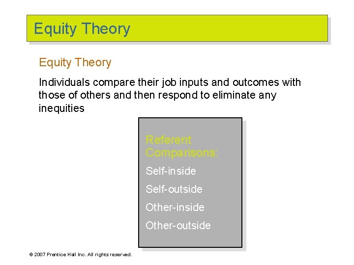 Equity Theory Individuals compare their job inputs and outcomes with those of others and