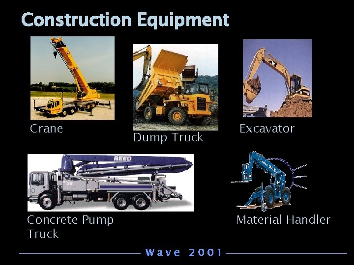 Construction Equipment Crane Dump Truck Concrete Pump Truck Excavator Material Handler Wave 2001 