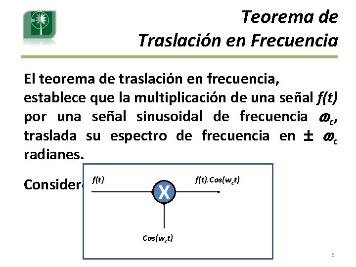 Teorema de Traslación en Frecuencia El teorema de traslación en frecuencia, establece que la