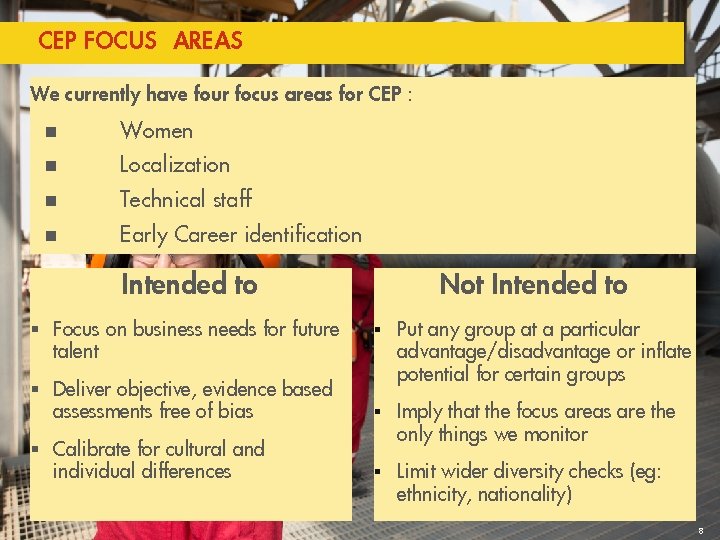 CEP FOCUS AREAS We currently have four focus areas for CEP : n Women