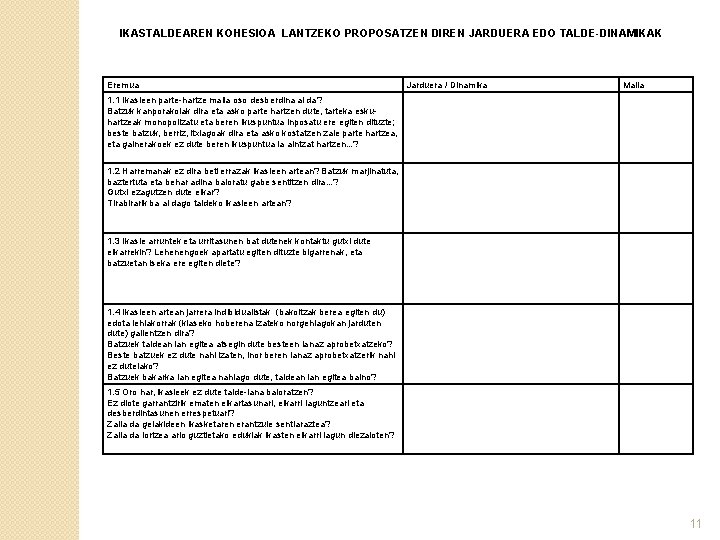 IKASTALDEAREN KOHESIOA LANTZEKO PROPOSATZEN DIREN JARDUERA EDO TALDE-DINAMIKAK Eremua Jarduera / Dinamika Maila 1.