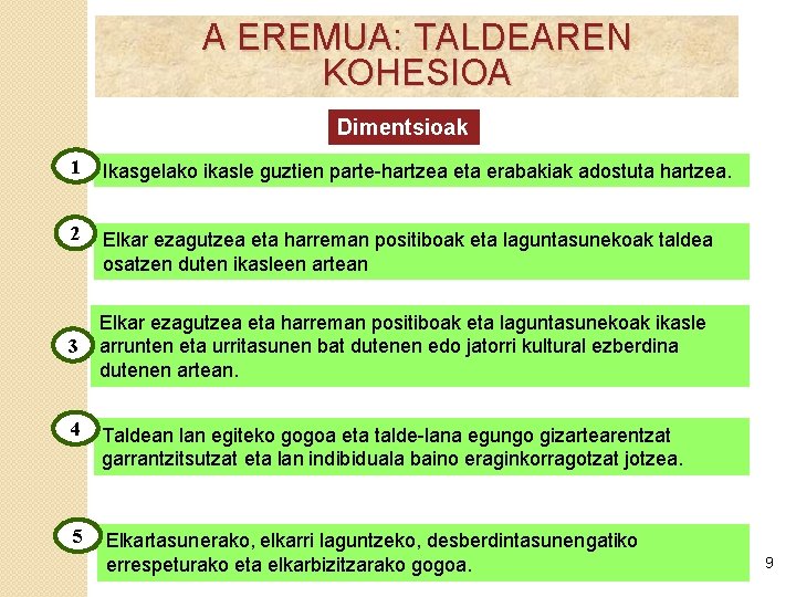 A EREMUA: TALDEAREN Diagnosia taula: KOHESIOA A eremua. Talde kohesioaren azterketa. doc Dimentsioak 1