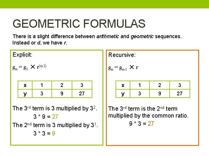 GEOMETRIC FORMULAS There is a slight difference between arithmetic and geometric sequences. Instead or