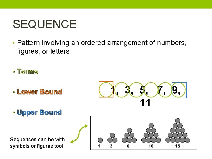 SEQUENCE • Pattern involving an ordered arrangement of numbers, figures, or letters • Terms