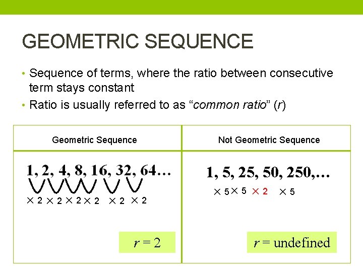 GEOMETRIC SEQUENCE • Sequence of terms, where the ratio between consecutive term stays constant