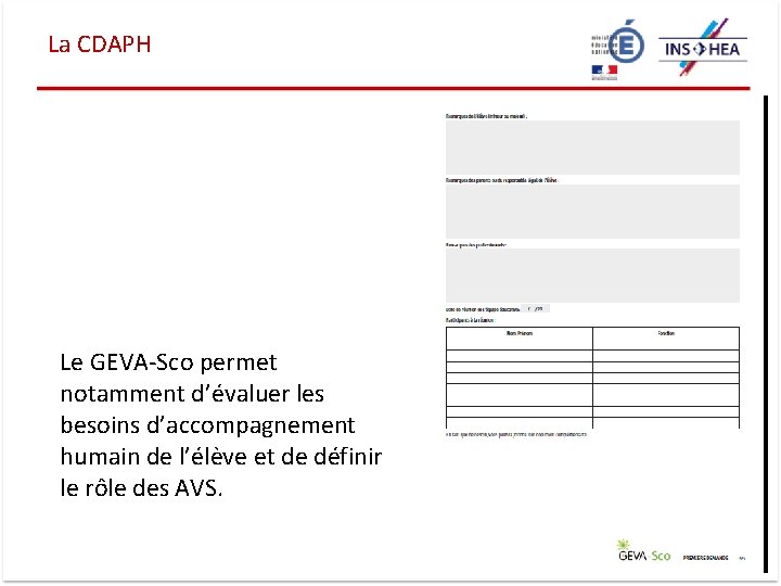 La CDAPH Le GEVA‐Sco permet notamment d’évaluer les besoins d’accompagnement humain de l’élève et