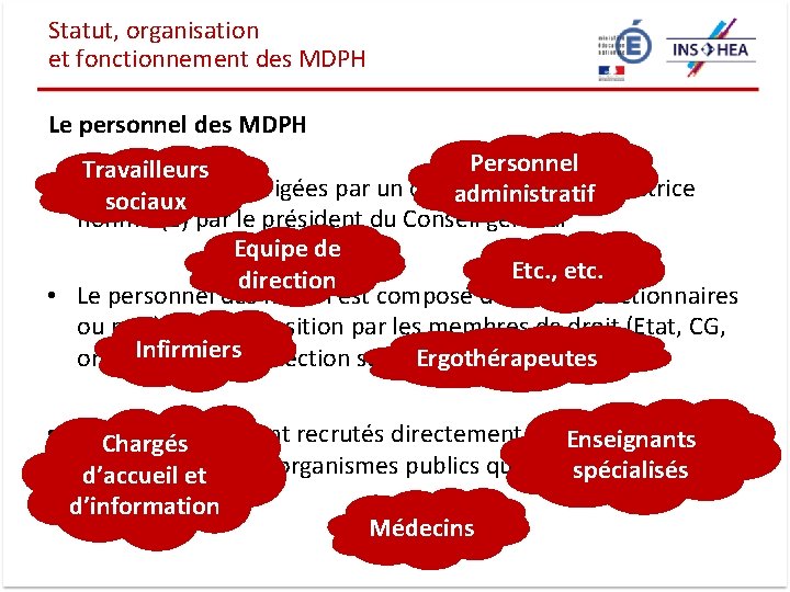 Statut, organisation et fonctionnement des MDPH Le personnel des MDPH Personnel Travailleurs • Les