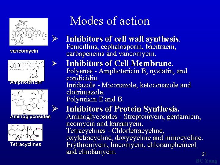 Modes of action Ø Inhibitors of cell wall synthesis. Penicillins, cephalosporin, bacitracin, carbapenems and