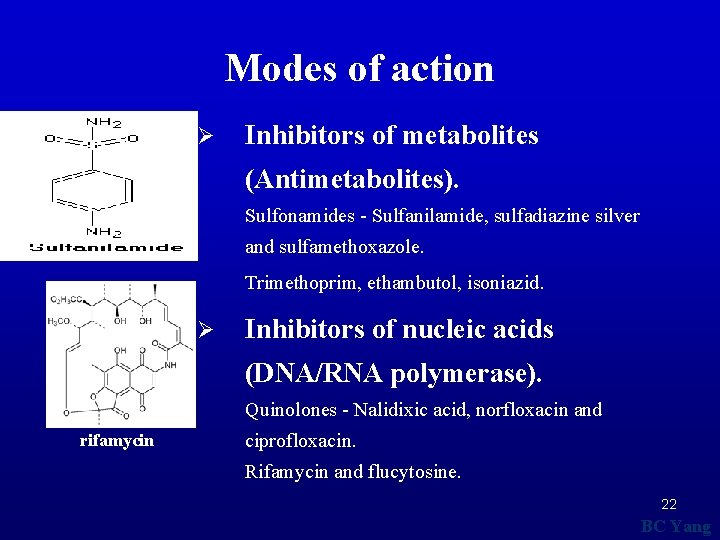 Modes of action Ø Inhibitors of metabolites (Antimetabolites). Sulfonamides - Sulfanilamide, sulfadiazine silver and