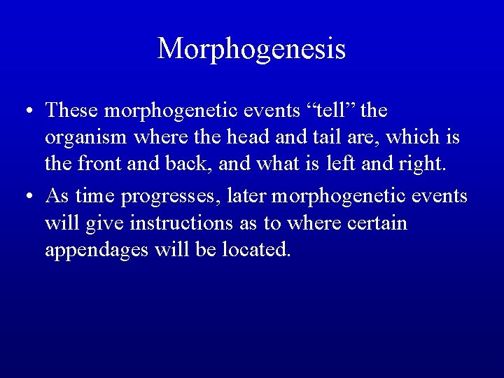 Morphogenesis • These morphogenetic events “tell” the organism where the head and tail are,