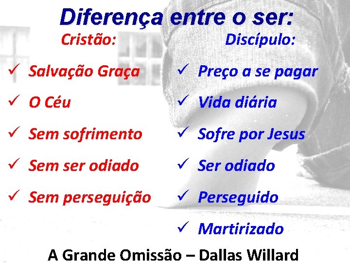 Diferença entre o ser: Cristão: Discípulo: Salvação Graça Preço a se pagar O Céu