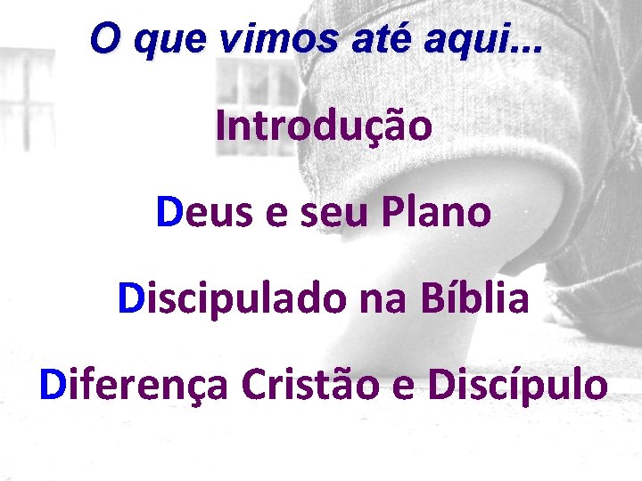 O que vimos até aqui. . . Introdução Deus e seu Plano Discipulado na