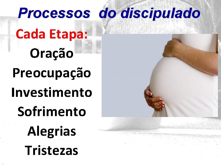 Processos do discipulado Cada Etapa: Oração Preocupação Investimento Sofrimento Alegrias Tristezas 