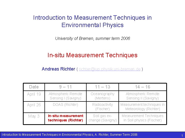 Introduction to Measurement Techniques in Environmental Physics University of Bremen, summer term 2006 In-situ