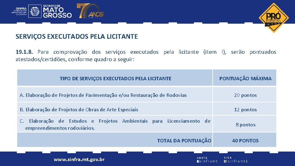 SERVIÇOS EXECUTADOS PELA LICITANTE 19. 1. 8. Para comprovação dos serviços executados pela licitante