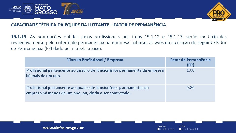 CAPACIDADE TÉCNICA DA EQUIPE DA LICITANTE – FATOR DE PERMANÊNCIA 19. 1. 19. As