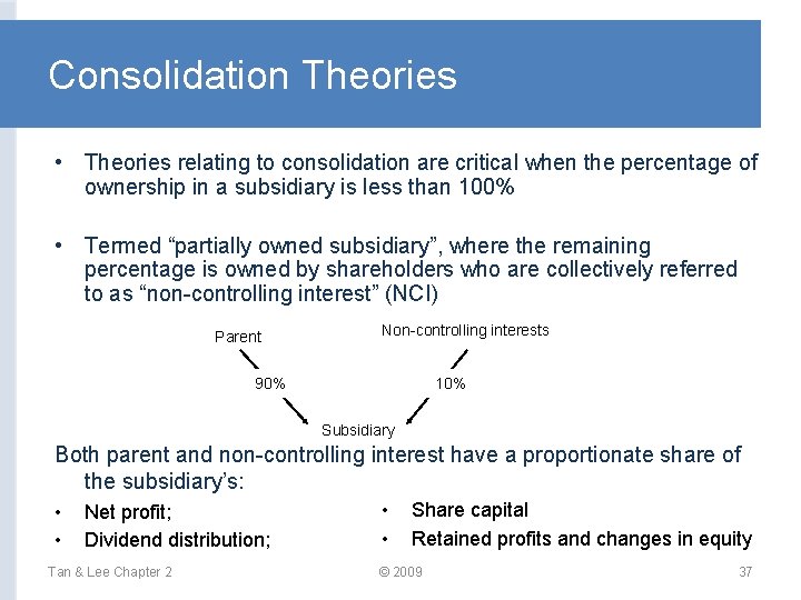 Consolidation Theories • Theories relating to consolidation are critical when the percentage of ownership