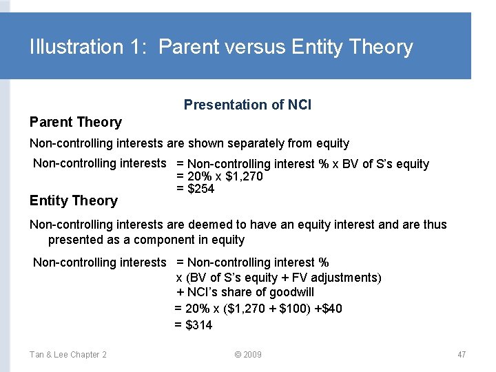 Illustration 1: Parent versus Entity Theory Presentation of NCI Parent Theory Non-controlling interests are