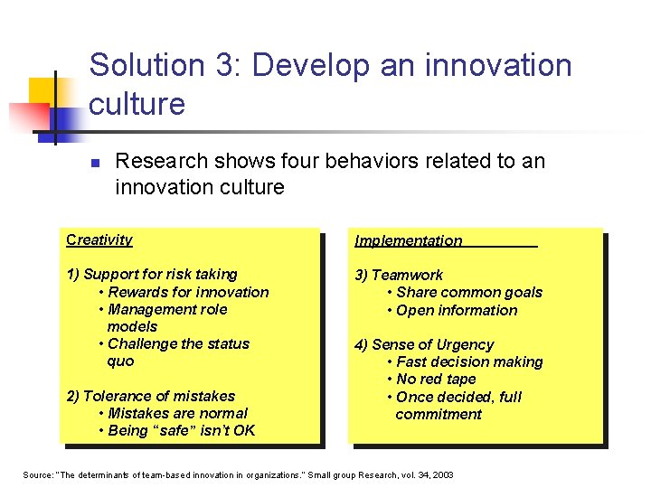 Solution 3: Develop an innovation culture n Research shows four behaviors related to an