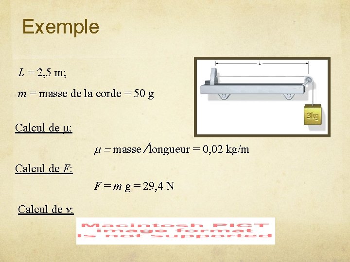 Exemple L = 2, 5 m; m = masse de la corde = 50 Exemple L = 2, 5 m; m = masse de la corde = 50