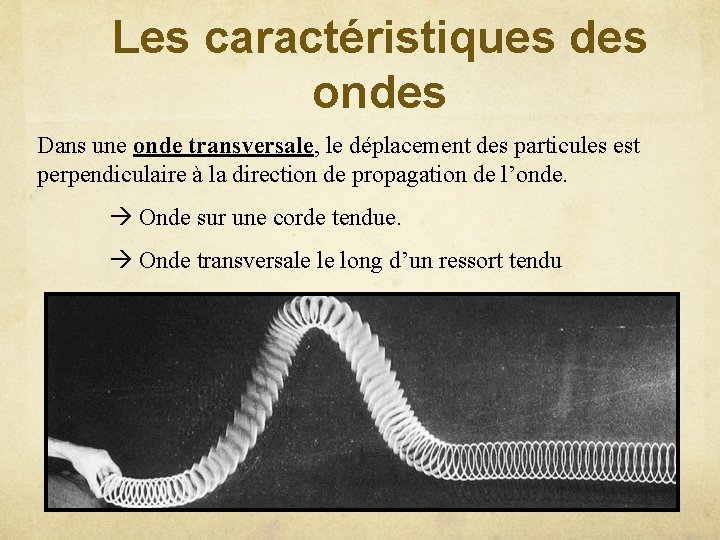 Les caractéristiques des ondes Dans une onde transversale, le déplacement des particules est perpendiculaire Les caractéristiques des ondes Dans une onde transversale, le déplacement des particules est perpendiculaire