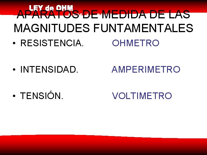 APARATOS DE MEDIDA DE LAS MAGNITUDES FUNTAMENTALES • RESISTENCIA. OHMETRO • INTENSIDAD. AMPERIMETRO •