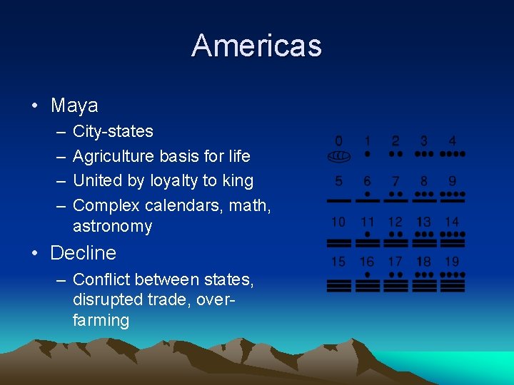 Americas • Maya – – City-states Agriculture basis for life United by loyalty to