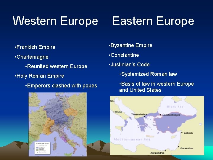 Western Europe Eastern Europe • Frankish Empire • Byzantine Empire • Charlemagne • Constantine