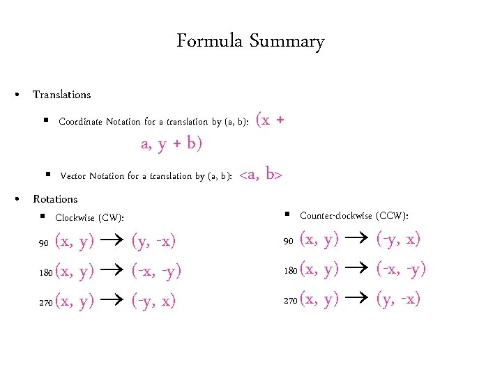 Formula Summary • Translations § Coordinate Notation for a translation by (a, b): a, Formula Summary • Translations § Coordinate Notation for a translation by (a, b): a,