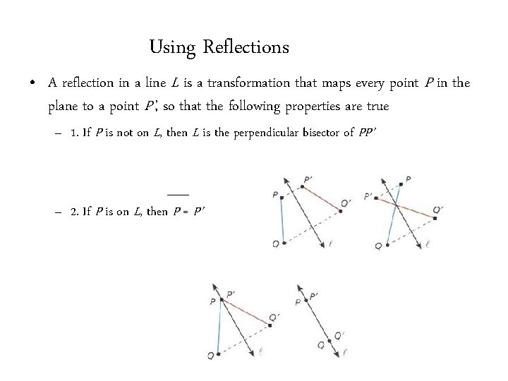 Using Reflections • A reflection in a line L is a transformation that maps Using Reflections • A reflection in a line L is a transformation that maps