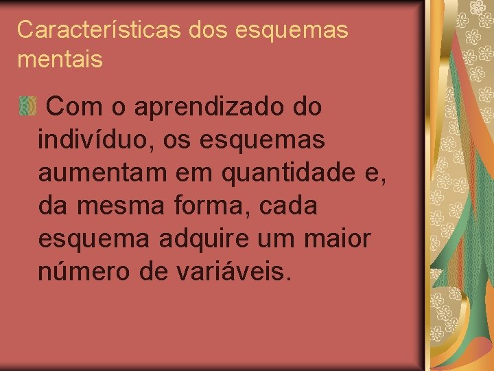 Características dos esquemas mentais Com o aprendizado do indivíduo, os esquemas aumentam em quantidade Características dos esquemas mentais Com o aprendizado do indivíduo, os esquemas aumentam em quantidade