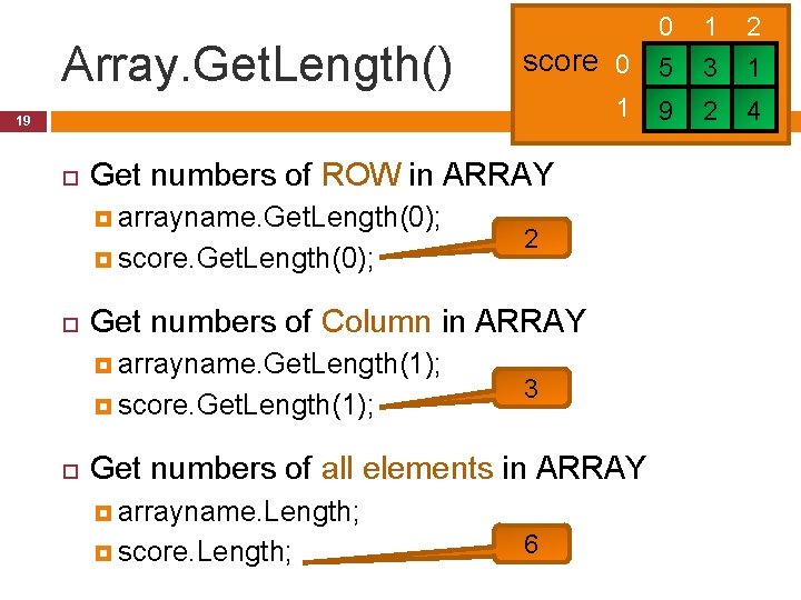 Array. Get. Length() 0 1 Get numbers of ROW in ARRAY arrayname. Get. Length(0);