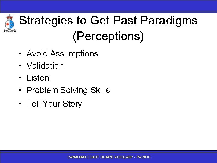 Strategies to Get Past Paradigms (Perceptions) • • Avoid Assumptions Validation Listen Problem Solving