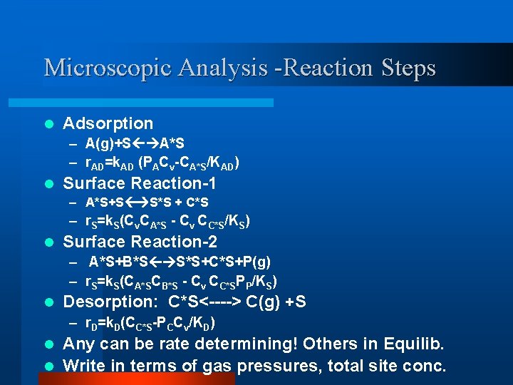 Microscopic Analysis -Reaction Steps l Adsorption – A(g)+S A*S – r. AD=k. AD (PACv-CA*S/KAD) Microscopic Analysis -Reaction Steps l Adsorption – A(g)+S A*S – r. AD=k. AD (PACv-CA*S/KAD)