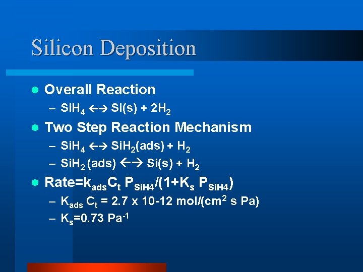 Silicon Deposition l Overall Reaction – Si. H 4 Si(s) + 2 H 2 Silicon Deposition l Overall Reaction – Si. H 4 Si(s) + 2 H 2