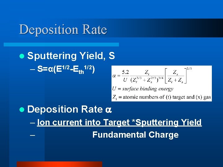 Deposition Rate l Sputtering Yield, S – S=α(E 1/2 -Eth 1/2) l Deposition Rate Deposition Rate l Sputtering Yield, S – S=α(E 1/2 -Eth 1/2) l Deposition Rate