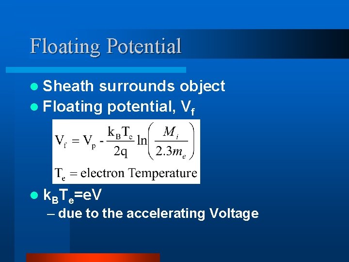 Floating Potential l Sheath surrounds object l Floating potential, Vf l k. BTe=e. V Floating Potential l Sheath surrounds object l Floating potential, Vf l k. BTe=e. V