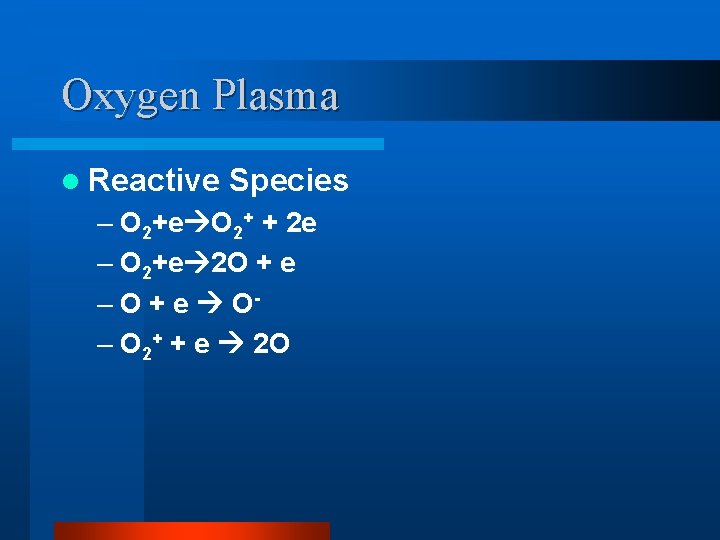 Oxygen Plasma l Reactive Species – O 2+e O 2+ + 2 e – Oxygen Plasma l Reactive Species – O 2+e O 2+ + 2 e –