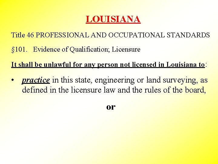 LOUISIANA Title 46 PROFESSIONAL AND OCCUPATIONAL STANDARDS § 101. Evidence of Qualification; Licensure It