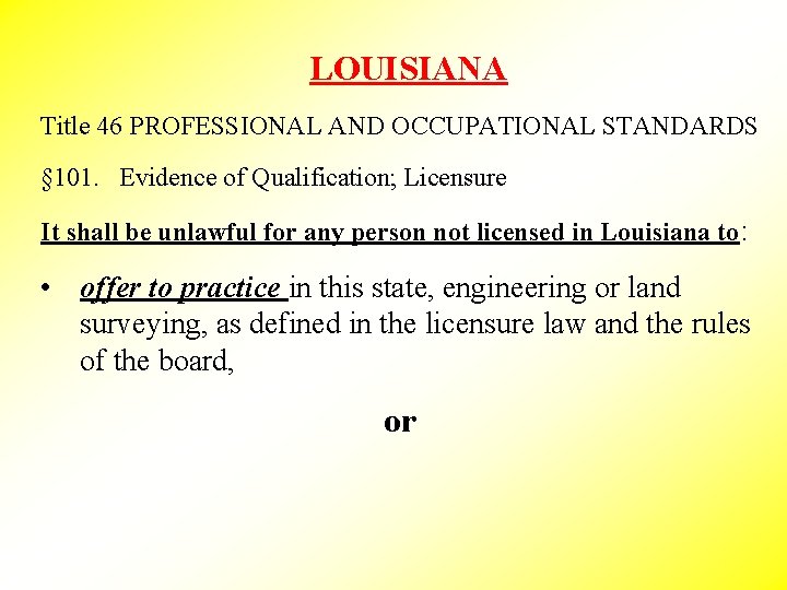 LOUISIANA Title 46 PROFESSIONAL AND OCCUPATIONAL STANDARDS § 101. Evidence of Qualification; Licensure It