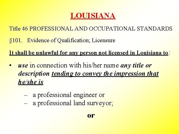 LOUISIANA Title 46 PROFESSIONAL AND OCCUPATIONAL STANDARDS § 101. Evidence of Qualification; Licensure It