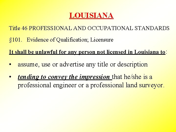 LOUISIANA Title 46 PROFESSIONAL AND OCCUPATIONAL STANDARDS § 101. Evidence of Qualification; Licensure It