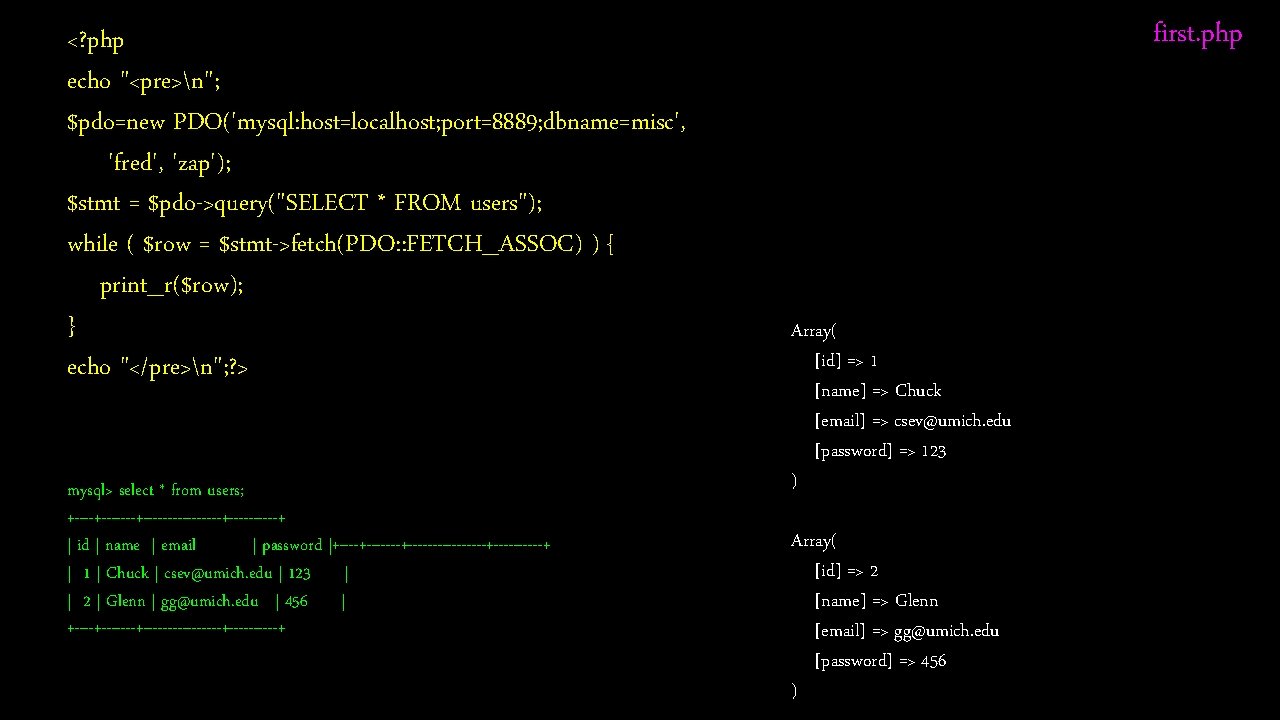 <? php echo "<pre>n"; $pdo=new PDO('mysql: host=localhost; port=8889; dbname=misc', 'fred', 'zap'); $stmt = $pdo->query("SELECT