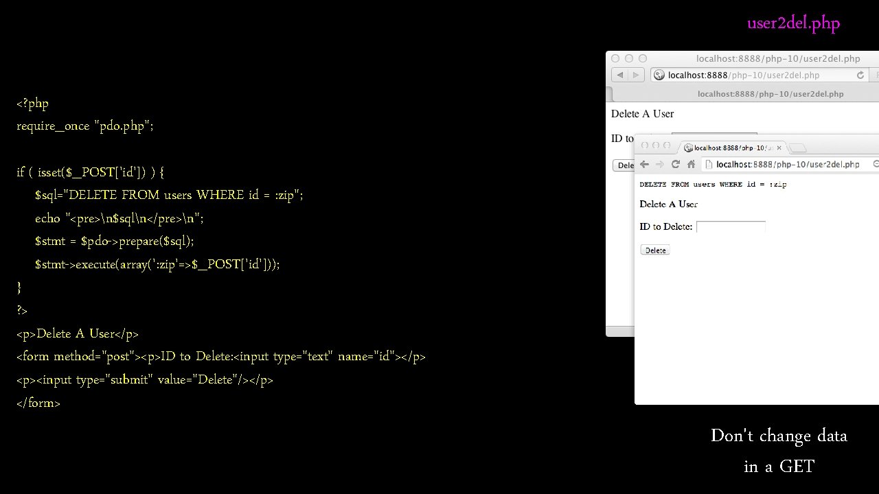 user 2 del. php <? php require_once "pdo. php"; if ( isset($_POST['id']) ) {